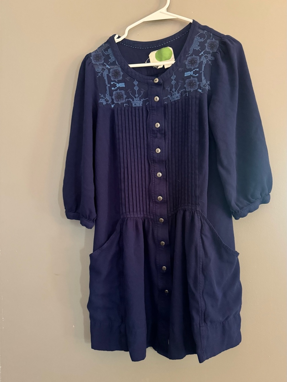 Anthropologie Navy Knit Top with Green Accent